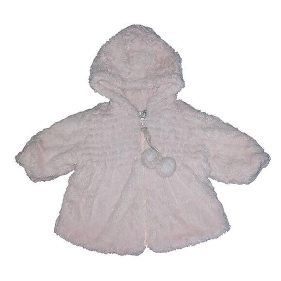 Widgeon Size 6m Girls Jacket Light Pink Faux Fur Hooded Zip Up Pom Poms Warm - Picture 1 of 6